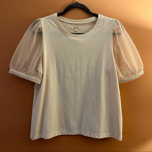 Madewell Sheer-Sleeve Knit Top in Bleached Linen size Medium - Twee, Romantic